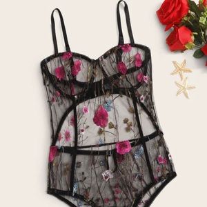 Floral Embroidery Mesh Underwire Teddy Bodysuit